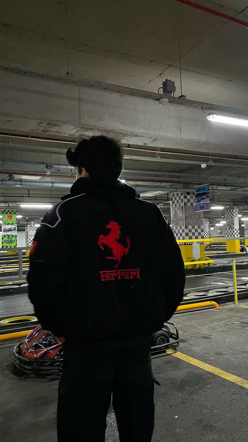 Black Ferrari Racing Leather Jacket – Premium Motorsport Style