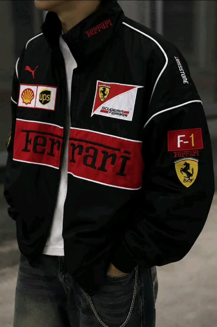 Black Ferrari Racing Leather Jacket – Premium Motorsport Style