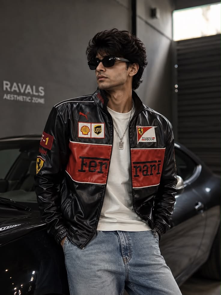 Black Ferrari Racing Leather Jacket – Premium Motorsport Style